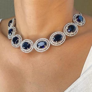Sapphire Necklace PREMIUM Blue Diamond Jewelry CZ Sets Sapphire Statement Necklace American Diamond India Choker Set Cubic Zirconia DESIGNER