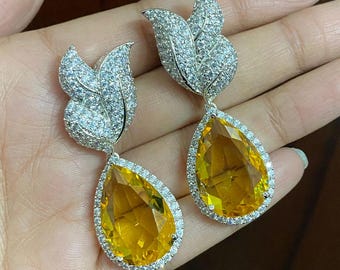 Pendientes largos de diamantes amarillos / Joyería llamativa de circonitas cúbicas color canario / Pendientes de moissanita de diseño / Regalo de boda en India