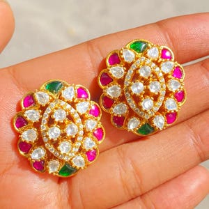Sabyasachi Jewelry, Theombredesigns, Navratan Earrings, Moissanite Earrings, Emerald Ruby Earring, Indian Jewelry, Polki Jewelry, Pakistani Jewelry, Gold Plated Jewelry, Jadau Earrings, Statement Jewelry, Indian Earrings, Victorian Earrings,
