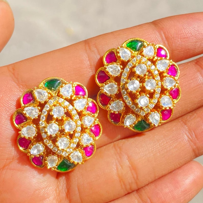 Sabyasachi Jewelry, Theombredesigns, Navratan Earrings, Moissanite Earrings, Emerald Ruby Earring, Indian Jewelry, Polki Jewelry, Pakistani Jewelry, Gold Plated Jewelry, Jadau Earrings, Statement Jewelry, Indian Earrings, Victorian Earrings,