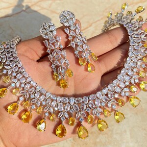 american diamond, fancy yellow diamond, statement necklace, sabyasachi jewelry, pakistani jewelry, canary diamond, yellow necklace, yellow cz necklace, india necklace, india jewelry set, yellow stone jewelry, yellow cubic zirconi, yellow diamond,