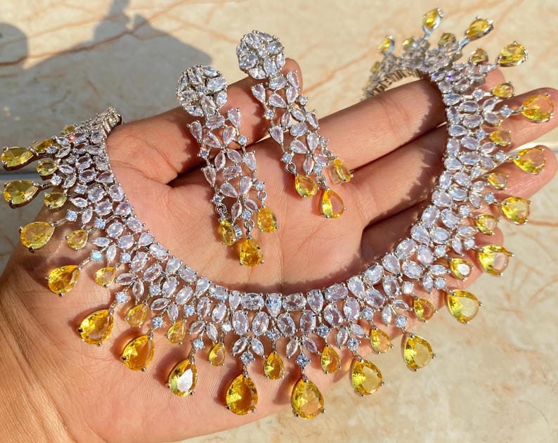 american diamond, fancy yellow diamond, statement necklace, sabyasachi jewelry, pakistani jewelry, canary diamond, yellow necklace, yellow cz necklace, india necklace, india jewelry set, yellow stone jewelry, yellow cubic zirconi, yellow diamond,