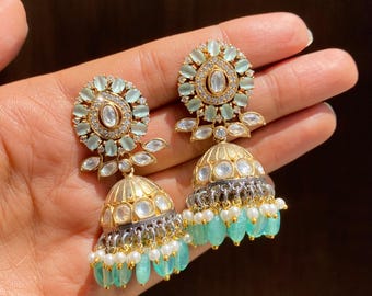 Mint Kundan Polki Jhumka Earrings | Sabyasachi Inspired Jewelry | Moissanite Diamond Look | Indian Bridal Earrings