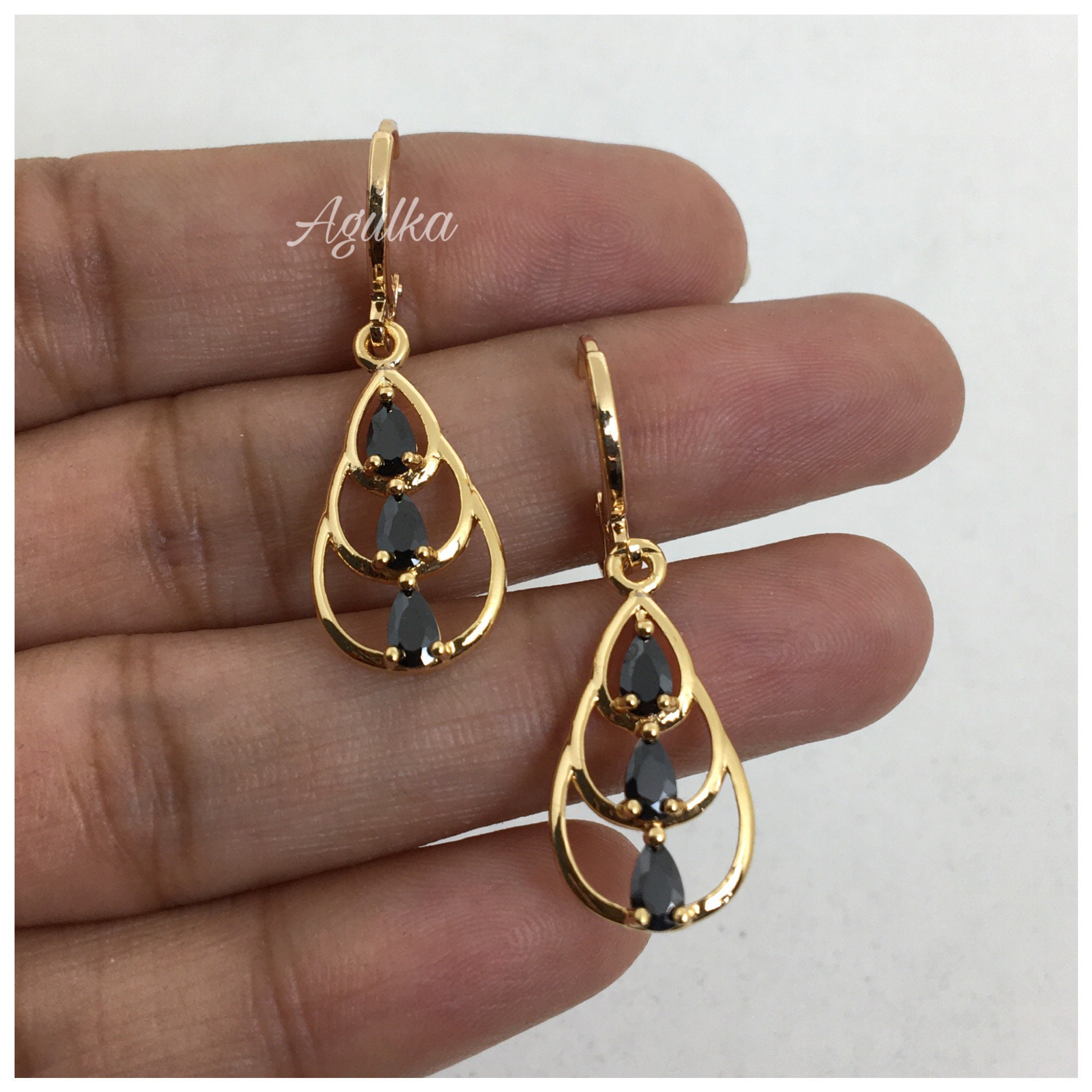 Gold Plated Earrings Black Stone Earrings Statement Etsy