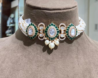 Emerald Green Polki Kundan Necklace | Antique Gold Statement Jewelry | Moissanite Diamond Bridal Necklace | Indian Wedding Set