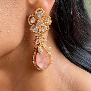 Polki Earrings Peach Indian Moissanite Polki Diamond Earrings Sabyasachi Jewelry Long Indian Doublet Earrings Kundan Earrings Gold Jewelry