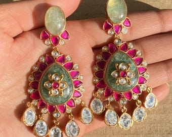 Polki Kundan Earrings Green Ruby Indian Sabyasachi Inspired Jewelry Uncut Diamond Chandbali Dangle Earrings Kundan Indian Bridal Jewelry