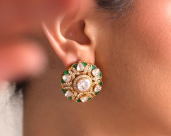 Emerald Polki Earrings Kundan Earrings Polki Stud Earring Moissanite Polki Jewelry Uncut Polki Studs Green Kundan Earring Polki Diamond Stud