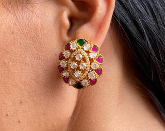 Emerald Ruby Kundan Stud Earrings | Polki Diamond Jewelry | Antique Gold Statement Earrings | Indian Bridal Jewelry