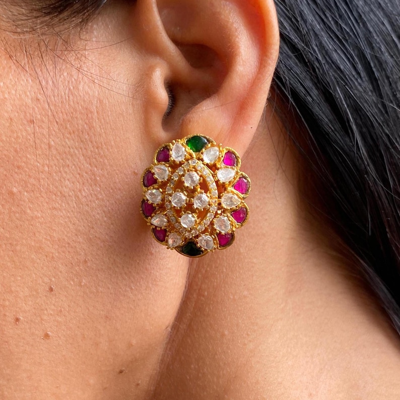 Sabyasachi Jewelry, Theombredesigns, Navratan Earrings, Moissanite Earrings, Emerald Ruby Earring, Indian Jewelry, Polki Jewelry, Pakistani Jewelry, Gold Plated Jewelry, Jadau Earrings, Statement Jewelry, Indian Earrings, Victorian Earrings,