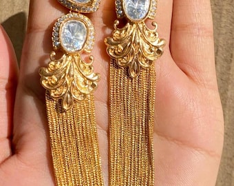 Polki Long Earrings | Kundan Jewelry | Moissanite Diamond Tassel Earrings | Sabyasachi Inspired Bridal Earrings