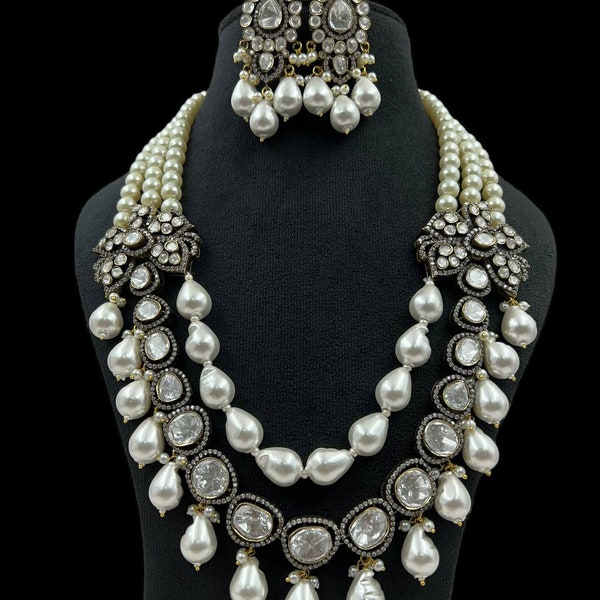 Kundan Polki Long Necklace Victorian Kundan Jewelry Sabyasachi Inspired Designer Kundan Set Uncut Polki Jewelry Pearl Kundan Necklace Set