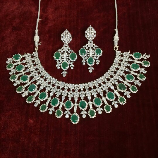 Emerald Necklace Green American Diamond Jewelry Set India Emerald