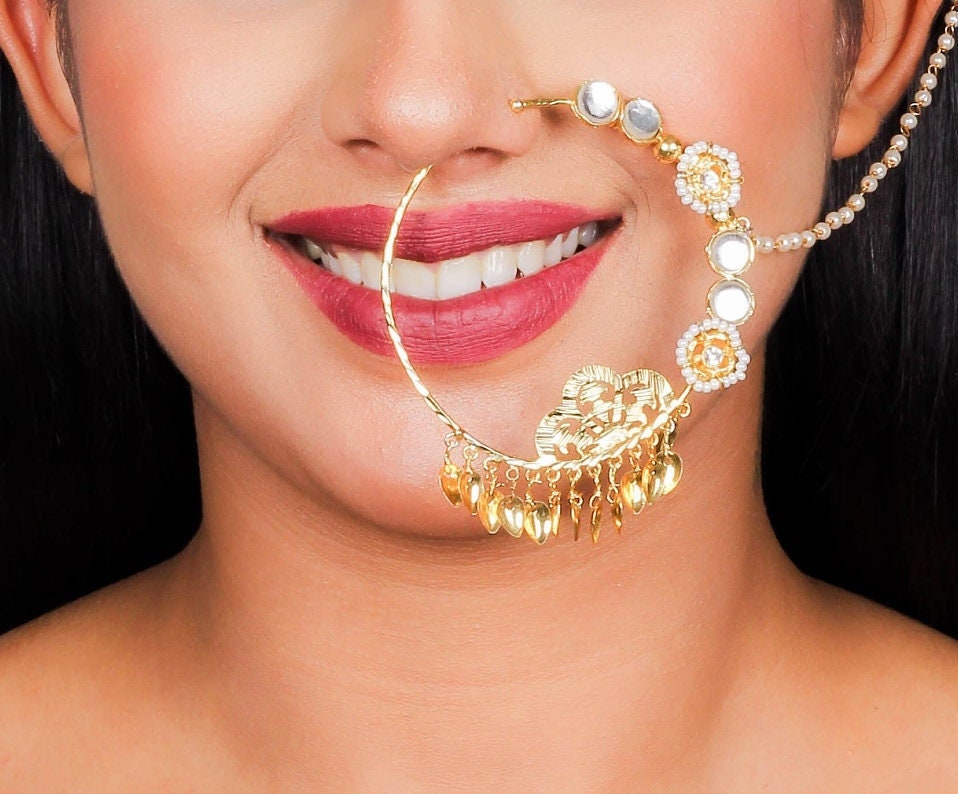 I Jewels 18k Gold Plated Bridal Nose Ring/Nath Without Piercing with Pearl  Chain with Pearl Stone (NL36G): Buy I Jewels 18k Gold Plated Bridal Nose  Ring/Nath Without Piercing with Pearl Chain with