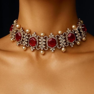 Ruby Diamond Necklace PREMIUM Red Stone Jewelry India American Diamond Choker Set DESIGNER Inspired Red Ruby Necklace Cz Ruby Statement