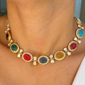 Navratan Necklace Moissanite Polki Choker Indian Multi Color Necklace Sabyasachi Jewelry Uncut Polki Diamond Necklace Navratan Jewelry Set