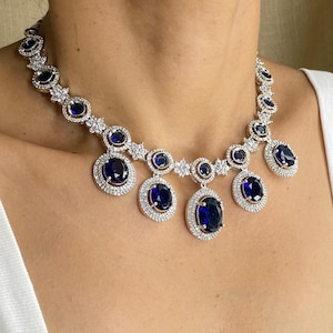 Sapphire Necklace PREMIUM American Diamond Blue India Jewelry Cubic Zirconia DESIGNER Blue Sapphire Diamond Necklace Statement Sapphire Set