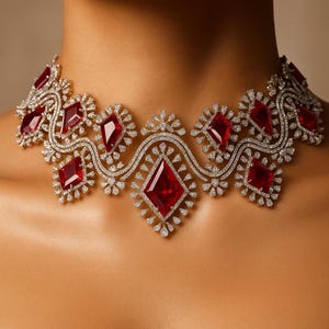 Ruby Diamond Necklace PREMIUM Red Stone Jewelry India American Diamond DESIGNER Inspired Red Ruby Necklace Cz Ruby Statement Cubic Zirconia
