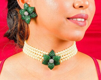 Emerald Green Pearl Diamond Choker Necklace Invisible Setting Emerald Diamond Necklace Pearl Green Necklace Sabyasachi Necklace CZ