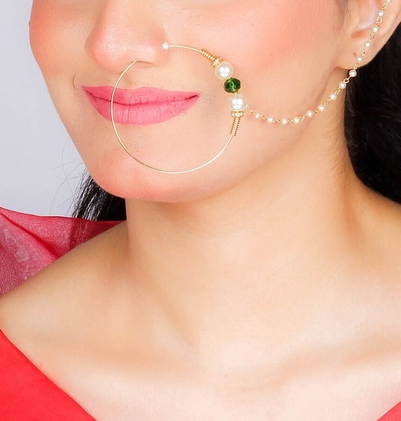 Gold Plated Traditional Ethnic Bridal Clip on Nose Ring/Nath without  piercing with Pearl Layered Chain for Women and girls