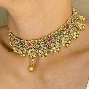Indian Golden Choker Kemp Jewelry South Indian Jewelry 22k Gold Plated Choker Antique Jewelry Indian Jewelry Delicate Indian Choker Necklace
