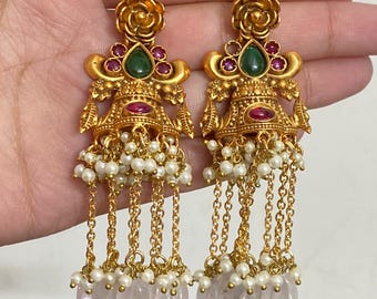 Indian Kemp Jhumka Earrings | 22K Gold Plated Antique Jewelry | South Indian Long Jhumka | Bollywood Bridal Earrings