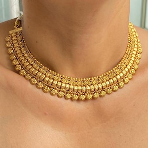 Indian Necklace Antique Gold Choker Set Amrapali Jewelry Temple Necklace South Indian Jewelry Golden Statement Necklace 22k Gold Plated Set