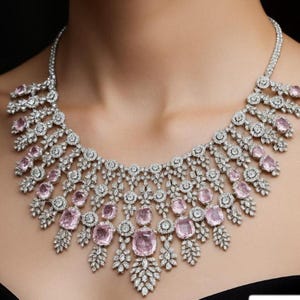 Pink Diamond Necklace PREMIUM Bridal Large Statement Pink Stone India Jewelry DESIGNER Pink CZ Necklace American Diamond Pink Cubic Zirconia