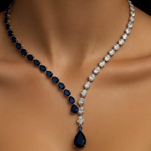 Sapphire Necklace PREMIUM Blue American Diamond Statement India Jewelry CZ Blue Sapphire Diamond Necklace DESIGNER Inspired Sapphire Stone