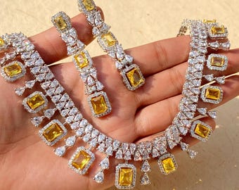 Collar de circonitas amarillas / Joyería nupcial llamativa / Conjunto de diamantes americanos / Regalo de collar de boda indio para mujer