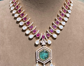 Mint Doublet Polki Necklace | Long Kundan Jadau Pendant Set | Sabyasachi Inspired Bridal Jewelry | Wedding Gift