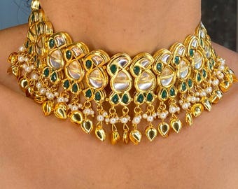 Emerald Green Kundan Polki Necklace | Antique Gold Jadau Jewelry | Moissanite Diamond Choker | Indian Bridal Statement Set