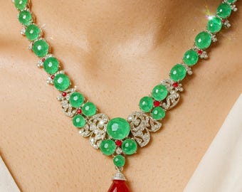 Emerald CZ Necklace Set | Green American Diamond Bridal Jewelry | Statement Wedding Gift for Her