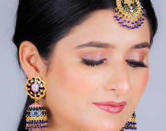 Blue Meenakari Tikka Earrings Set | Punjabi Jadau Kundan Jewelry | Pkaistani Bridal Tikka Set | Statement Wedding Jewelry