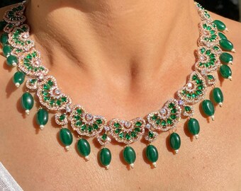 Collar de esmeralda de lujo con diamantes americanos verdes, joyería india, collar llamativo con esmeralda verde, circonita cúbica, regalo de boda para novia