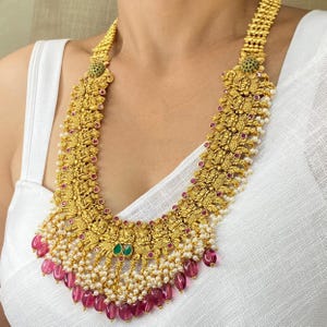 Long Indian Necklace Ruby Golden Necklace Temple Jewelry Kemp Necklace South Indian Jewelry Antique Necklace For Women Long Indian Pendant