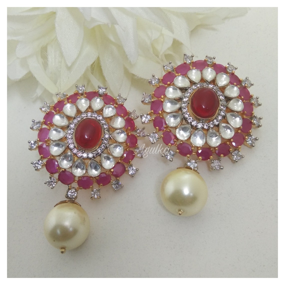 Polki Earrings/CZ Diamond Earrings/Ruby Earrings/Big Polki | Etsy