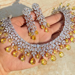 american diamond, fancy yellow diamond, statement necklace, sabyasachi jewelry, pakistani jewelry, canary diamond, yellow necklace, yellow cz necklace, india necklace, india jewelry set, yellow stone jewelry, yellow cubic zirconi, yellow diamond,