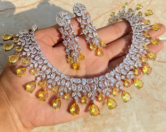 Collar de diamantes amarillos / Joyería nupcial llamativa con circonitas cúbicas color canario / Conjunto de boda con diamantes americanos