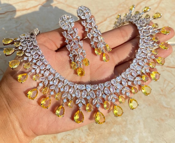 Citrine Necklace Crystal Yellow Diamond Jewelry Cubic Zirconia Designer Inspired Wedding Necklaces Yellow Sapphire Bridal Jewelry Sets