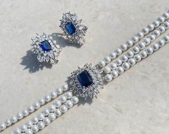 Gargantilla de perlas esmeralda / Diamante moissanita verde CZ / Conjunto de joyas de diamantes americanos / Gargantilla llamativa / Regalo nupcial indio