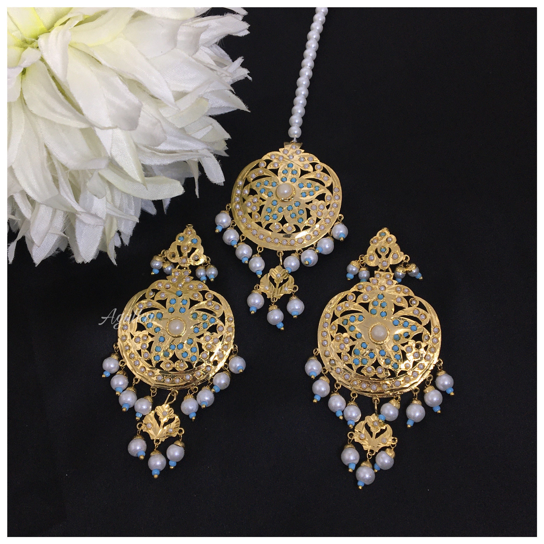 Punjabi Tikka Set Pearl Tikka Set Turquoise Earrings Gold Etsy