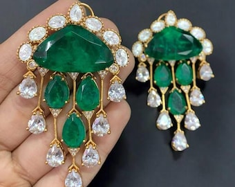 Polki Emerald Earrings | Green Kundan Earrings | Moissanite Polki Diamond | Long Indian Bridal Earrings Statement Jewelry