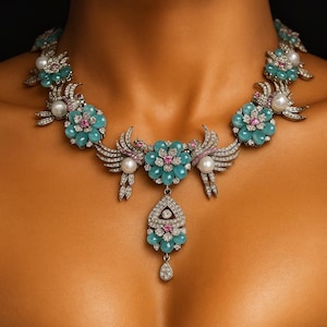 Mint Necklace PREMIUM Bird Shape American Diamond India Jewelry Statement Mint Green Diamond Necklace Lond Pendant DESIGNER nspired Mint Set