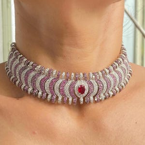 Ruby Choker PREMIUM American Diamond Pink Sapphire Ruby Jewelry Set DESIGNER Replica Pink Diamond Necklace Cubic Zirconia Pave Setting Gift