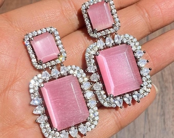 Pink CZ Earrings | Statement Diamond Look Jewelry | American Diamond Earrings | Bridal Gift for Women