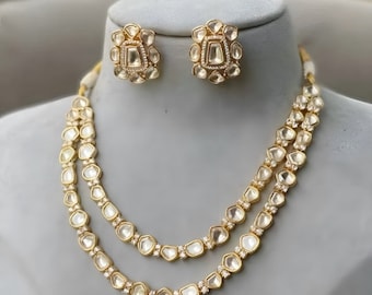 Collar Polki Joyería Kundan Chapado en Oro Joyería Inspirada en Sabyasachi Conjunto nupcial indio de diamantes Polki sin tallar en capas para bodas
