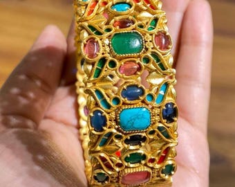 Navratan Bangles | Kundan Kada Bracelet | Antique Gold Plated Jewelry | Indian Bridal Statement Bangles