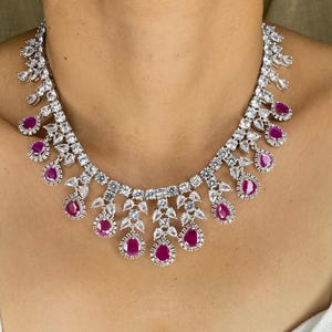 Conjunto de collar de rubíes / Joyería de zafiro rosa y circonitas cúbicas / Collar nupcial llamativo / Regalo de joyería para bodas indias imagen 9