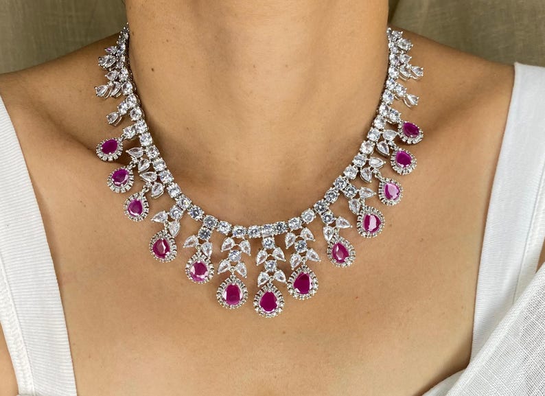 Conjunto de collar de rubíes / Joyería de zafiro rosa y circonitas cúbicas / Collar nupcial llamativo / Regalo de joyería para bodas indias imagen 9